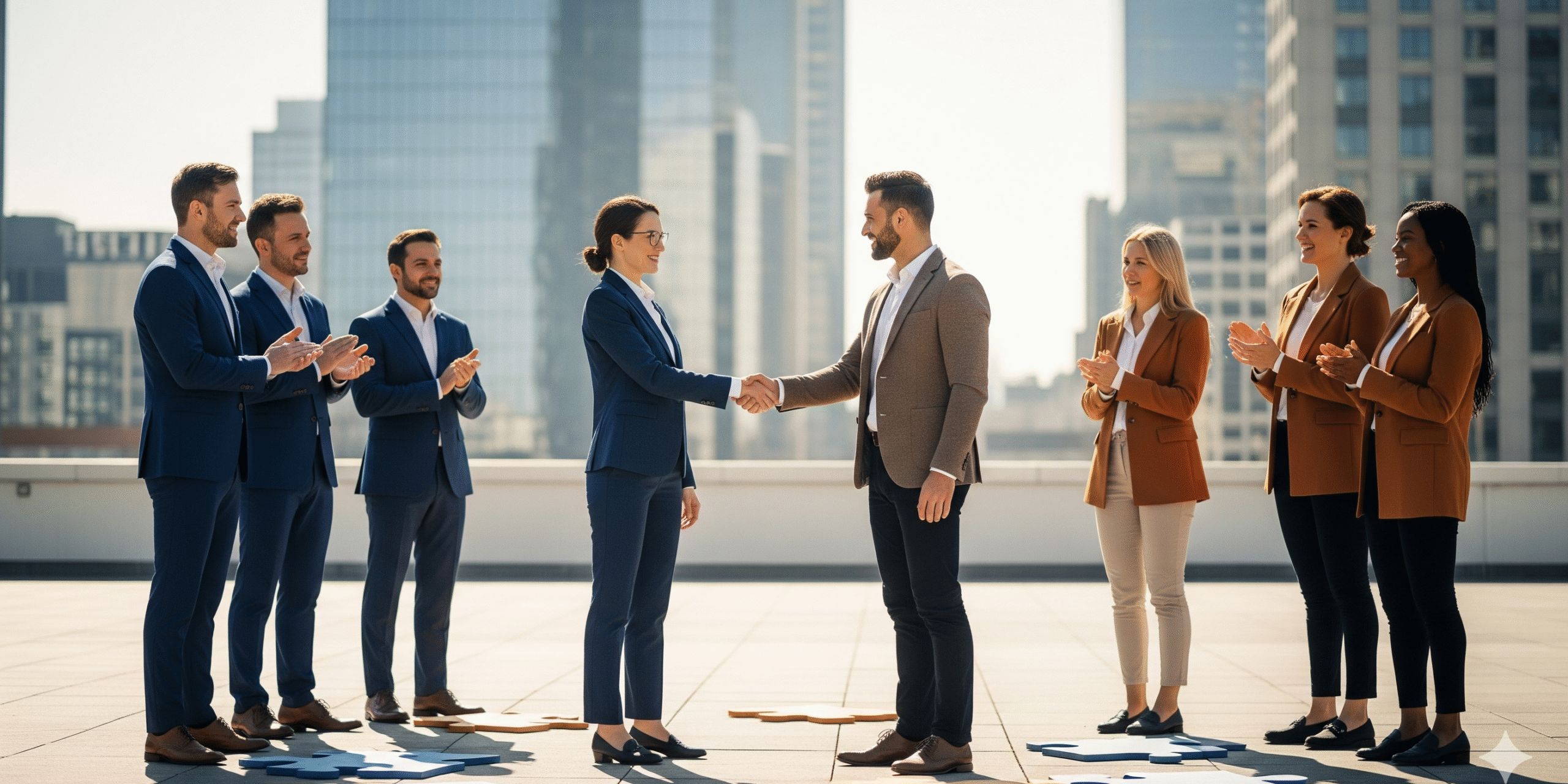 Two diverse business teams shake hands on a rooftop with puzzle pieces symbolising cultural alignment in mergers and acquisitions.