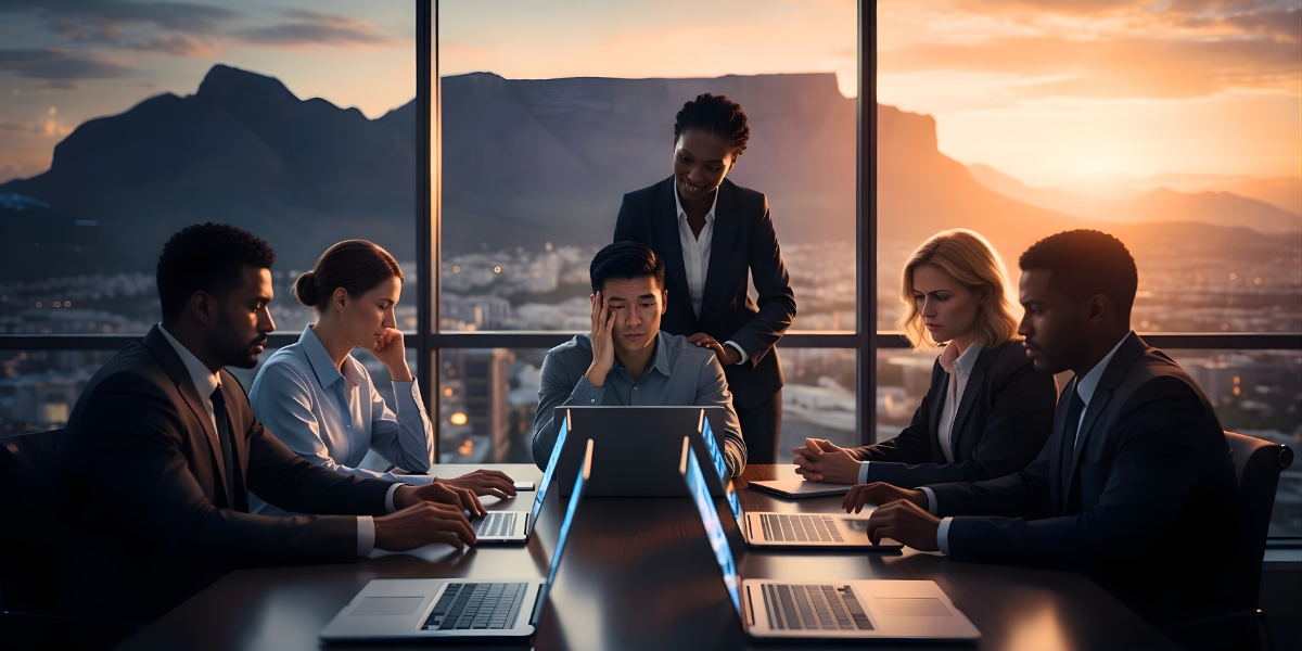 Business leaders in Cape Town reviewing AI dashboards with tension as a human-centric consultant provides guidance to boost workplace adoption and ROI.