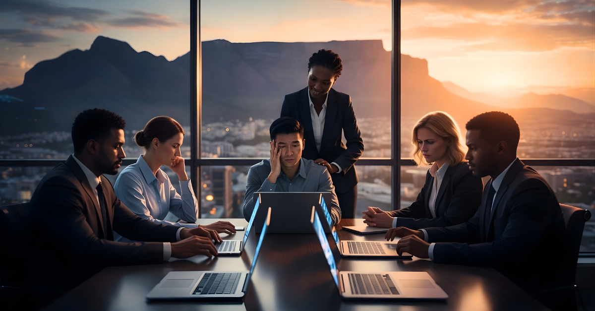 Business leaders in Cape Town reviewing AI dashboards with tension as a human-centric consultant provides guidance to boost workplace adoption and ROI.